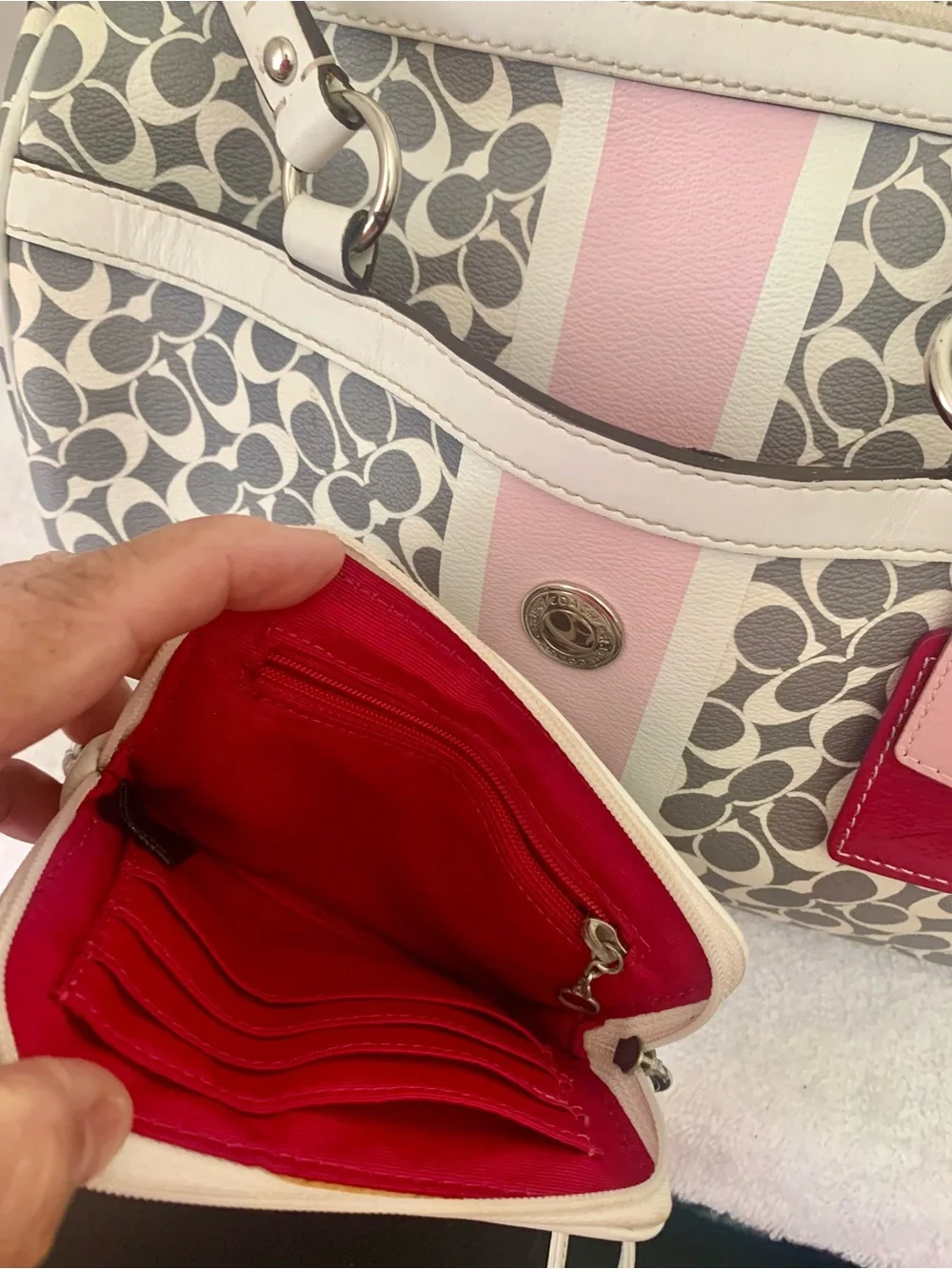 Coach Heritage Signature Cream and Gray Patterned Handbag with Pink Accent